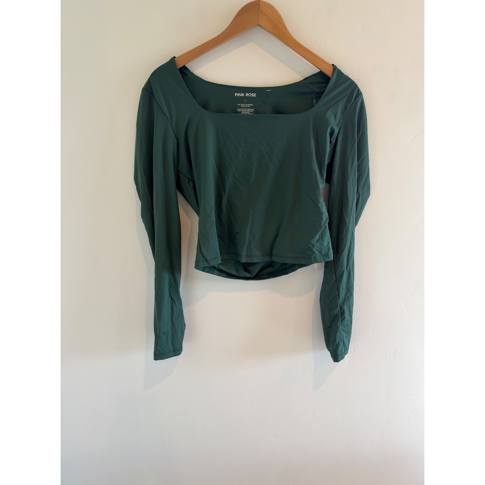 Pink Rose Womens Forest Green Square Neck Long Sleeve Cropped Top Size Large